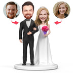 Couple White Wedding Dress Bouquet Wedding Custom Bobblehead Engraved with Text