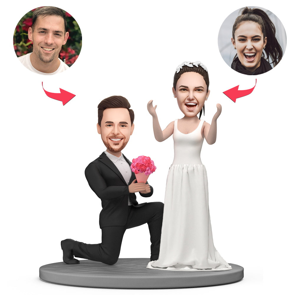 custom bobble head bring joy desk handcrafted desk display wedding couple proposing front view