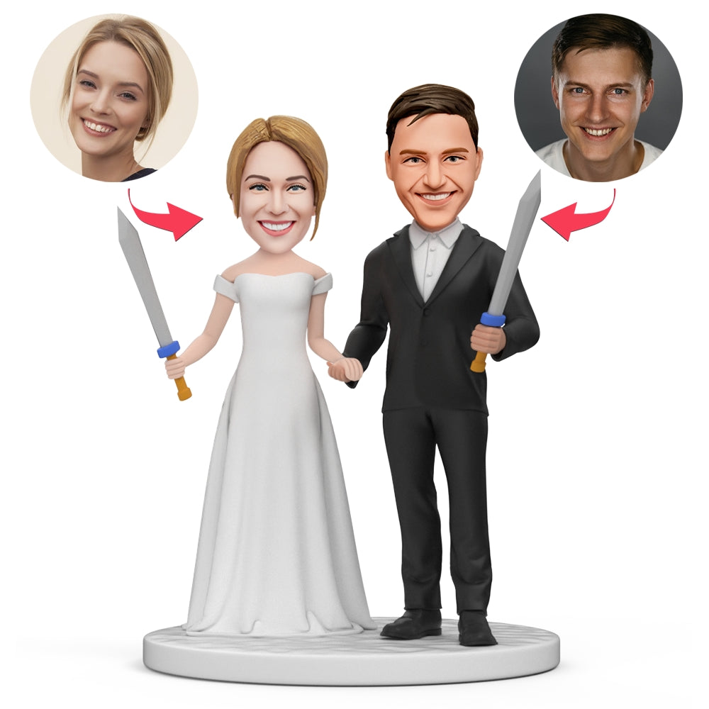 personalized groom bride holding sword fighting bobblehead engraved text display