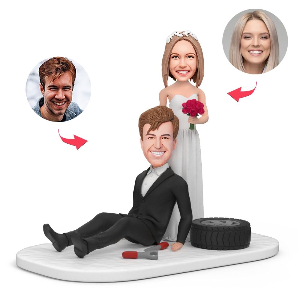 personalized groom bride sitting tire bobblehead engraved text description display