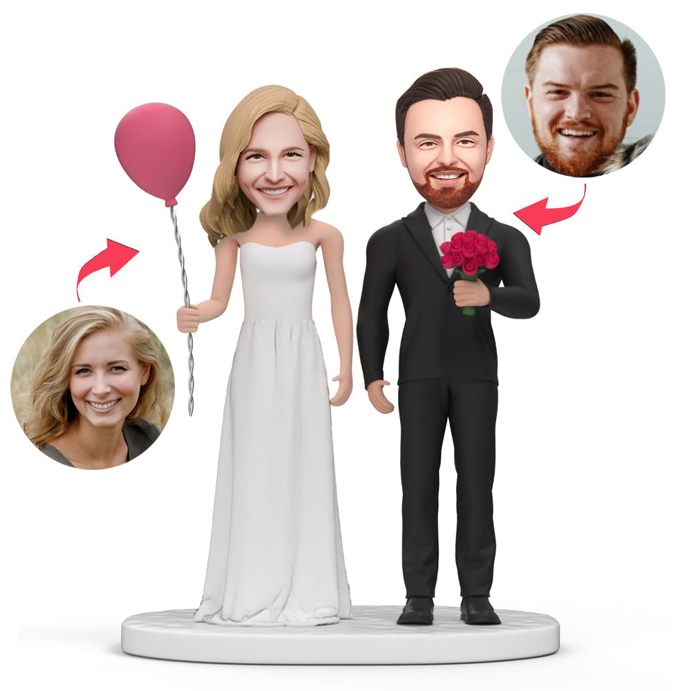 personalized groom bride balloon flowers bobblehead engraved text description display
