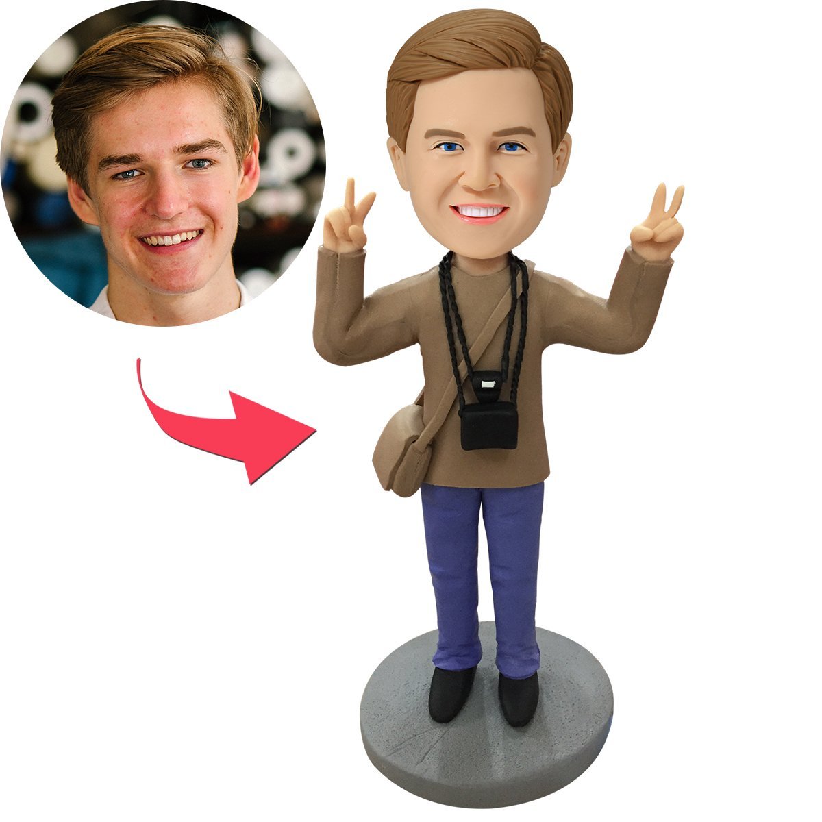 custom bobble head bring joy desk figurine character cameraman bobblehead engraved text front view