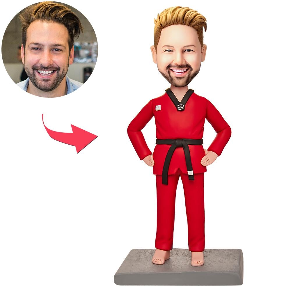 custom bobble head capture moment miniature personalized bobblehead character male taekwondo fighter front view