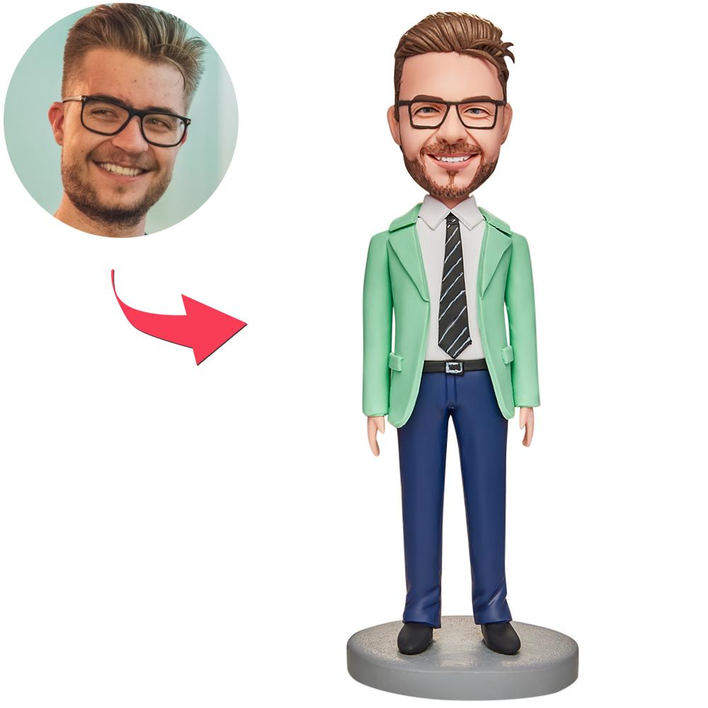 custom bobble head capture moment miniature handcrafted desk display business man green front view