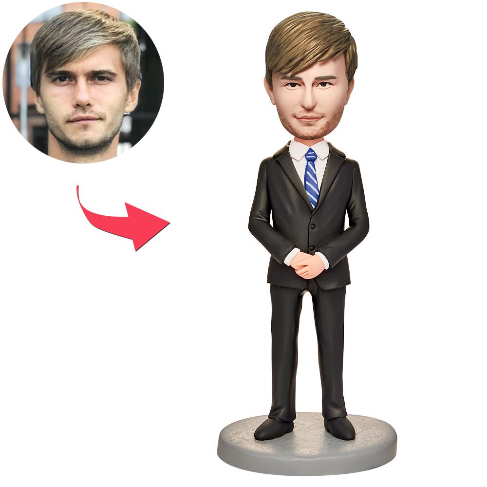 custom bobble head fun tribute someone special handcrafted desk display business man front view