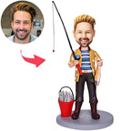 Custom Bobblehead Man Catching a Bucket of Fish With Engraved Text