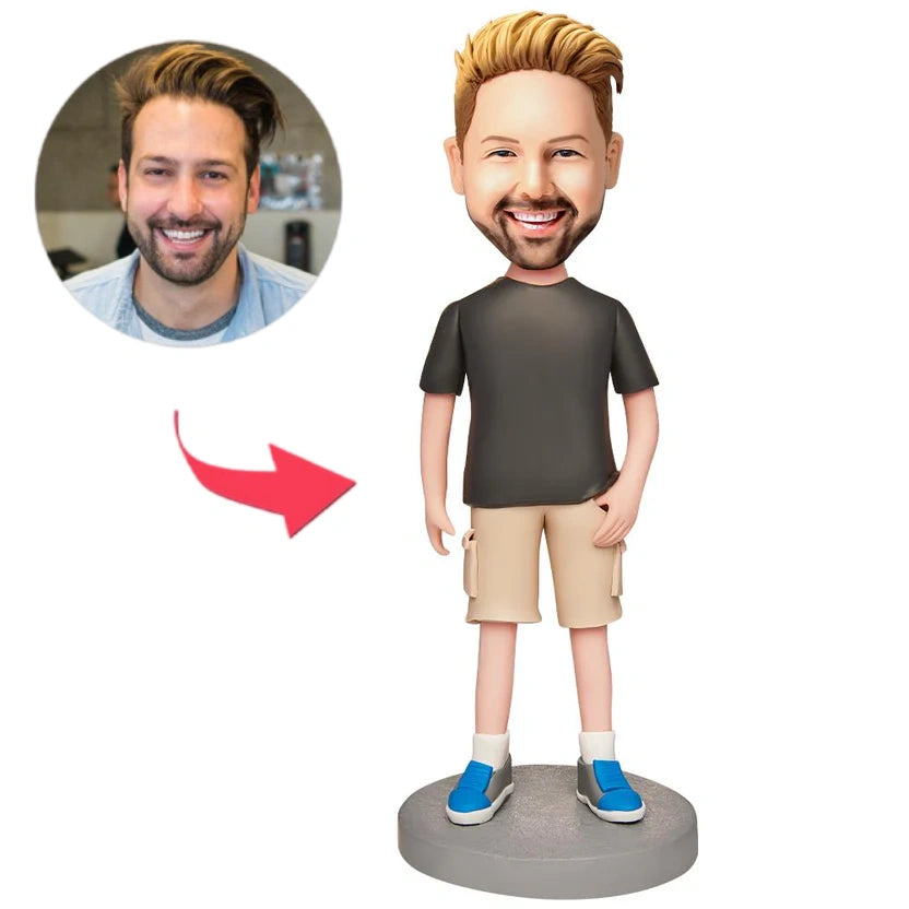 custom bobble head capture moment miniature handcrafted desk display character casual shorts front view