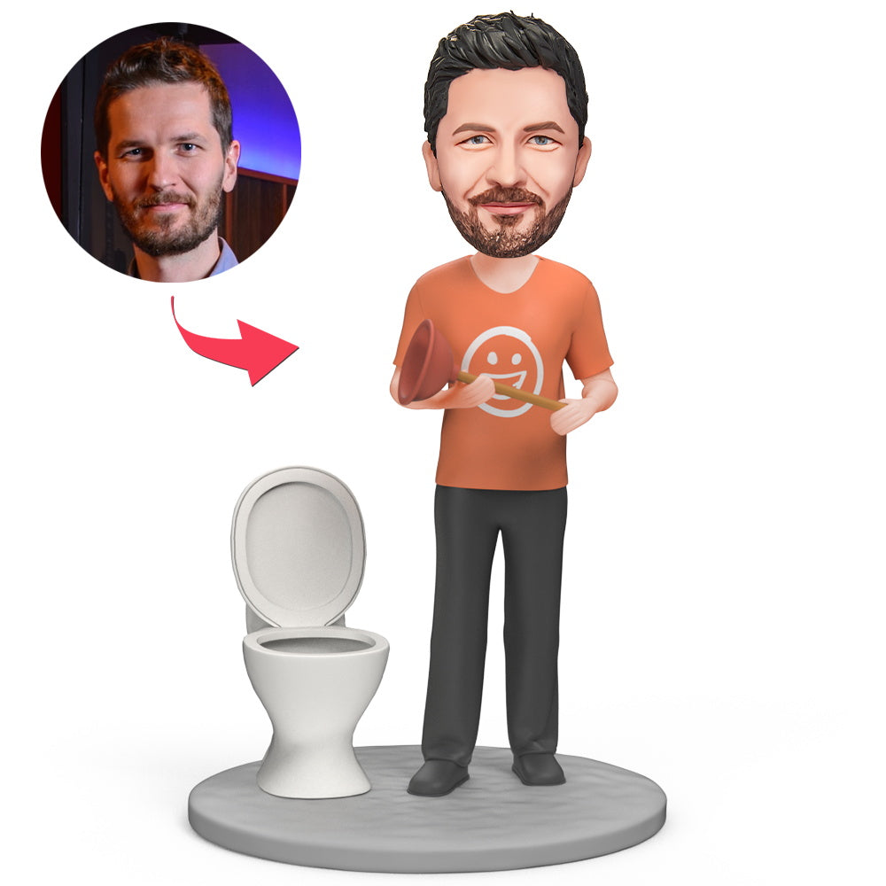 custom bobble head capture moment miniature figurine character man cleans toilet bobblehead front view