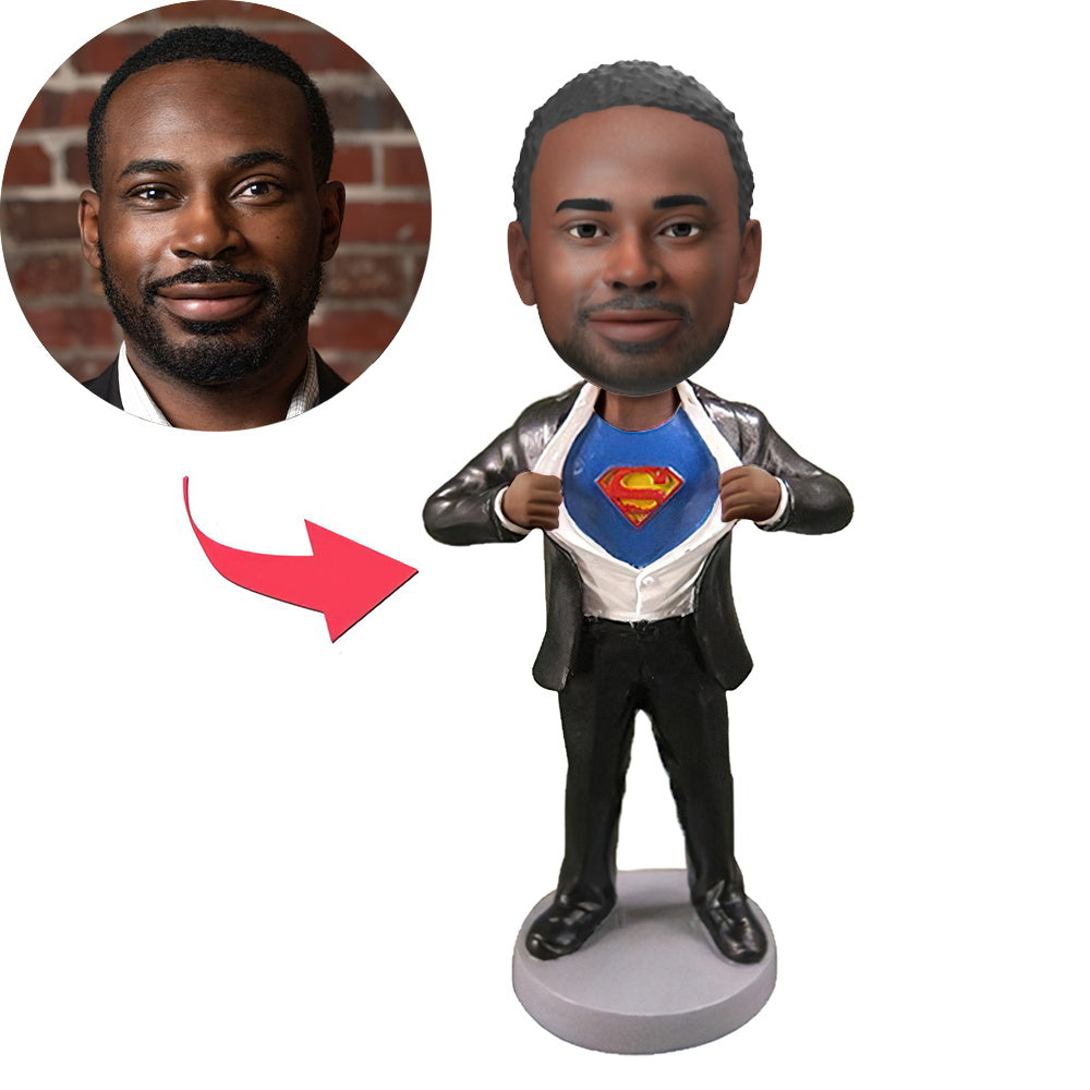 custom bobble head fun tribute someone special figurine business man superman black front view