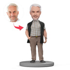 custom bobble head bring joy desk figurine character white top black vest front view