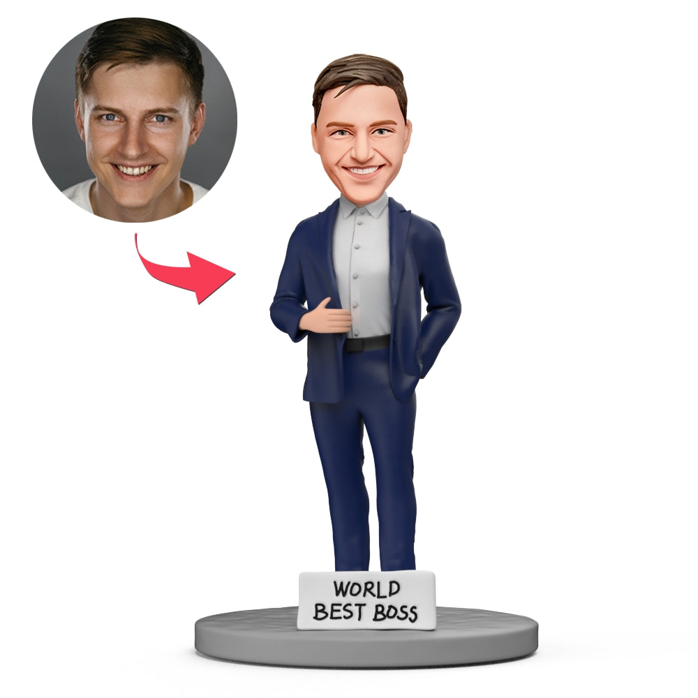 custom bobble head keepsake full character handcrafted desk display business man blue front view