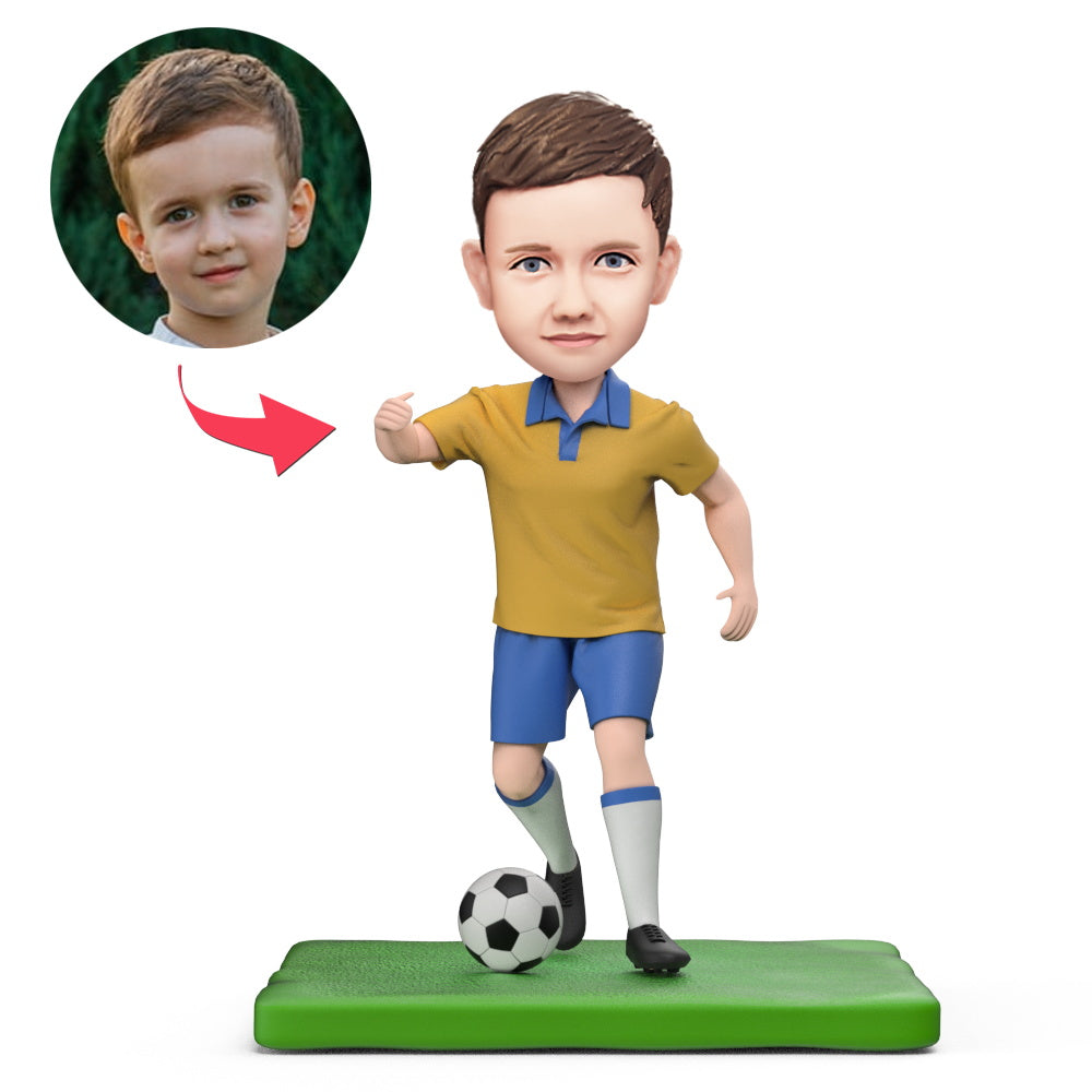Little Boy Playing Soccer Custom Bobblehead With Engraved Text