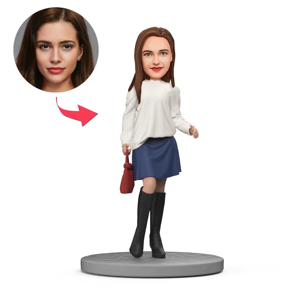 custom bobble head fun tribute someone special figurine character white sweater boots front view