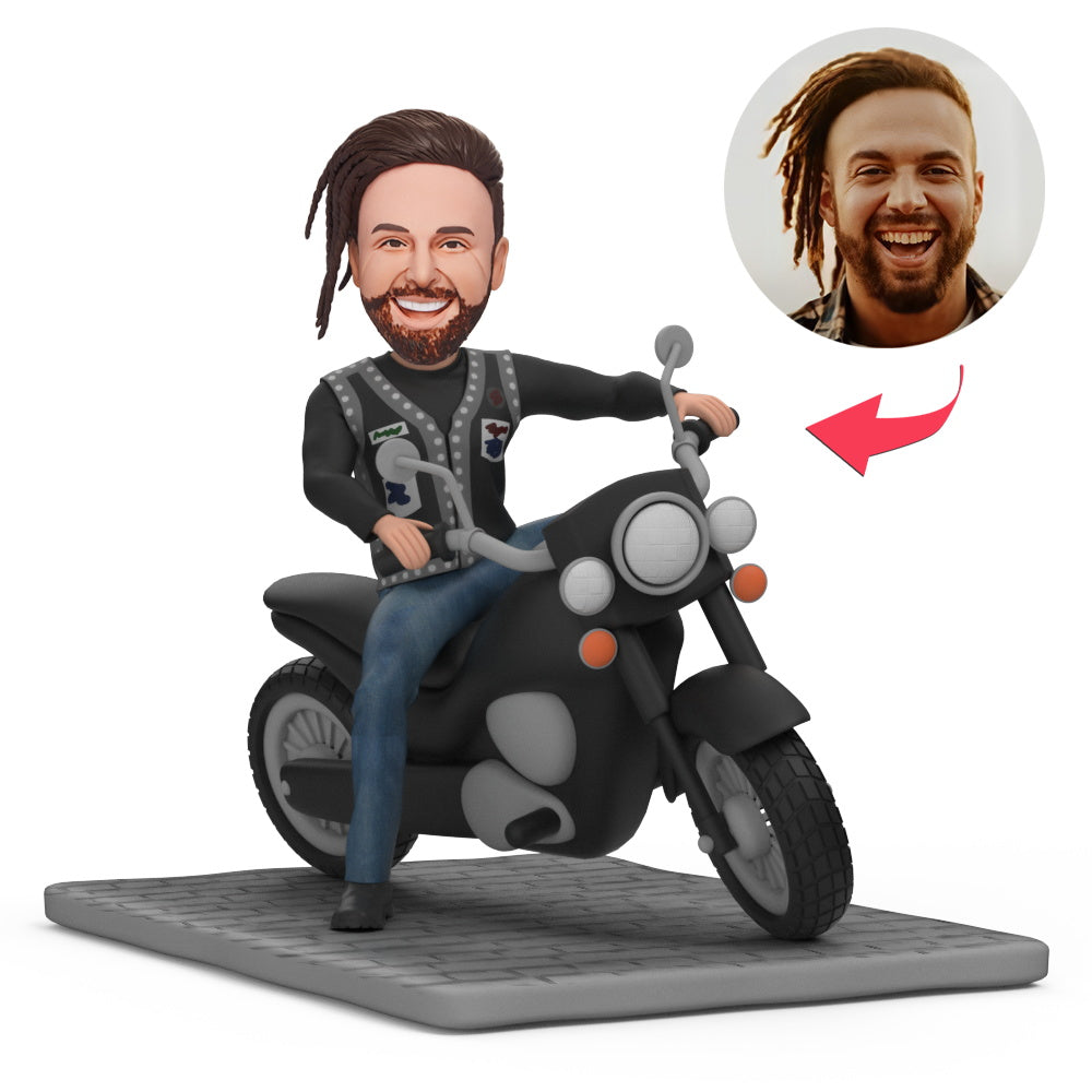 custom bobble head fun tribute someone special personalized mini figure character motorcycle front view