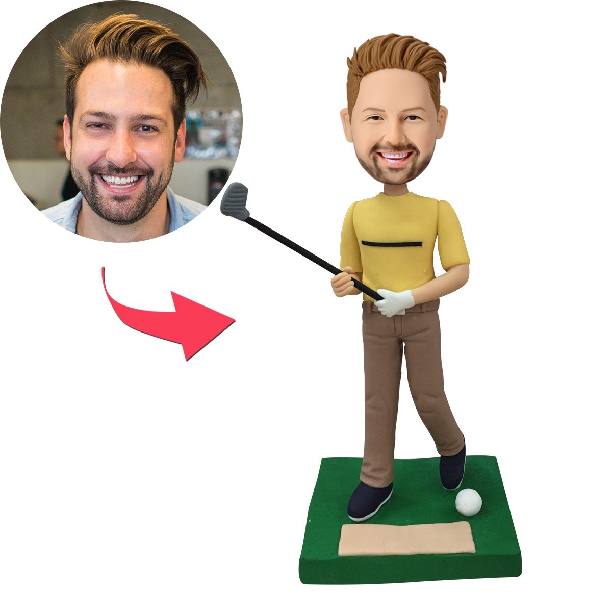 custom bobble head keepsake full character figurine character golfer swinging his club front view