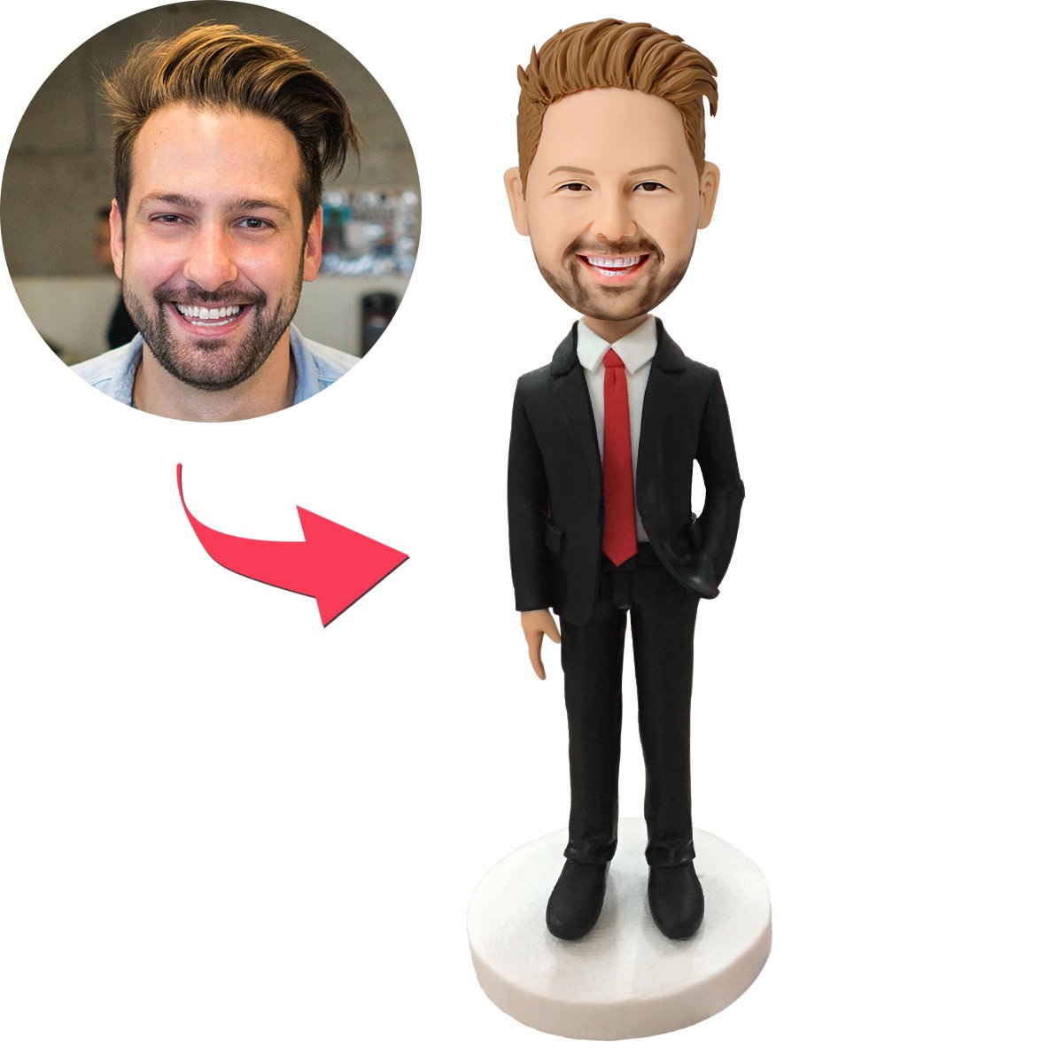 custom bobble head fun tribute someone special handcrafted desk display business man front view