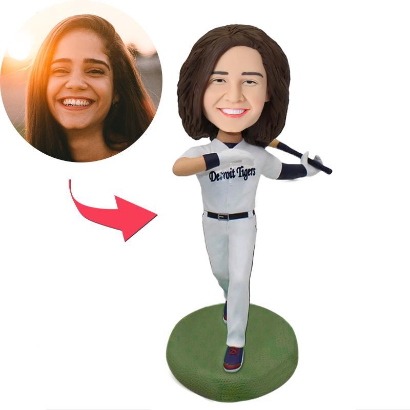 custom bobble head give that nods love figurine athlete baseball female batsman front view