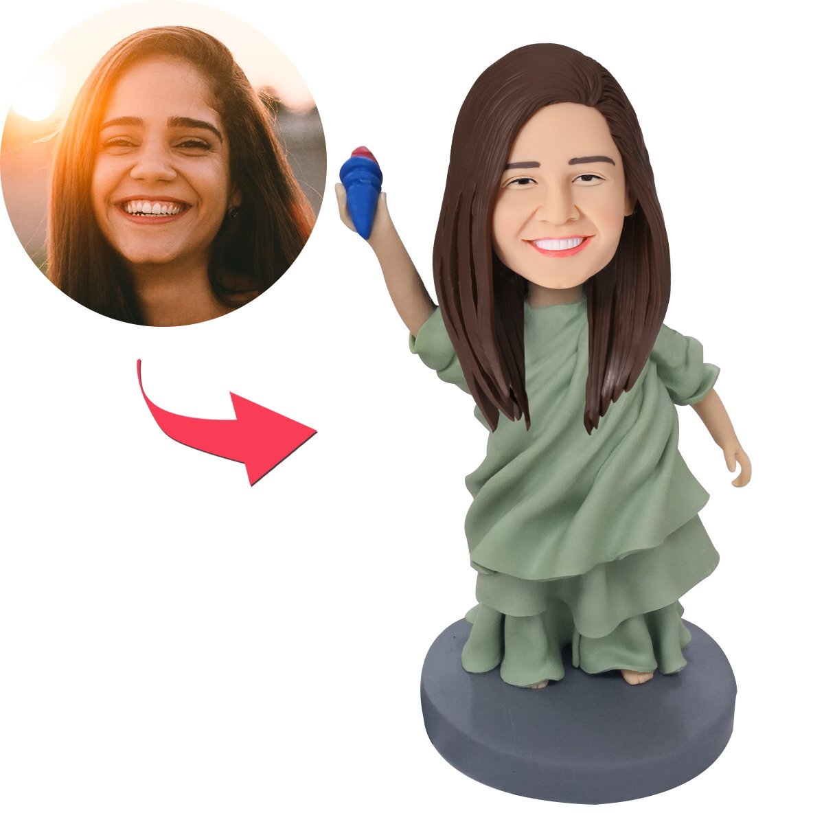 custom bobble head bring joy desk figurine character statue liberty bobblehead engraved front view