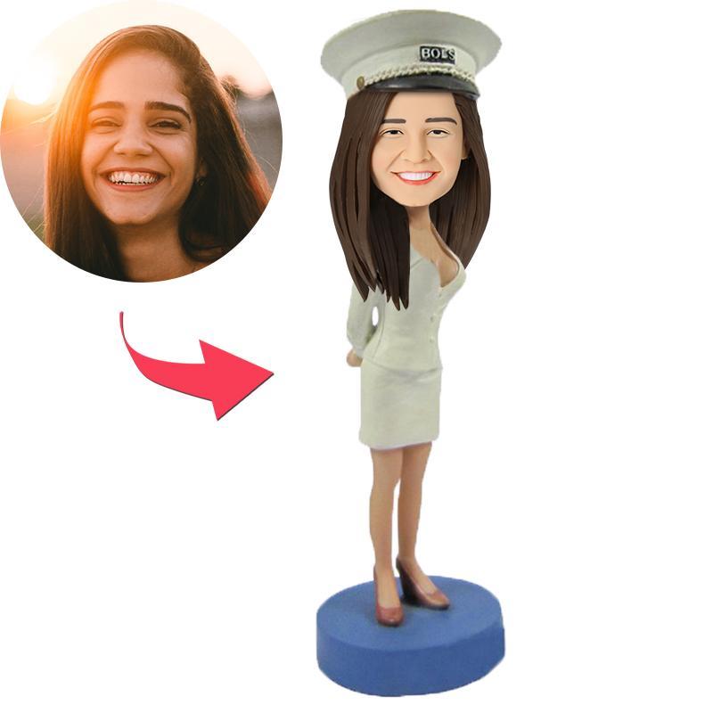 custom bobble head capture moment miniature personalized mini figure character female captain front view