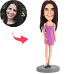 custom bobble head fun tribute someone special figurine character woman wearing purple front view