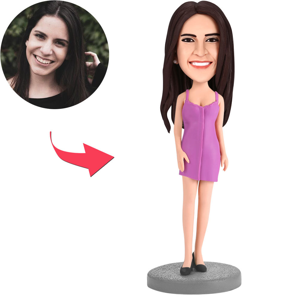 custom bobble head fun tribute someone special figurine character woman wearing purple front view