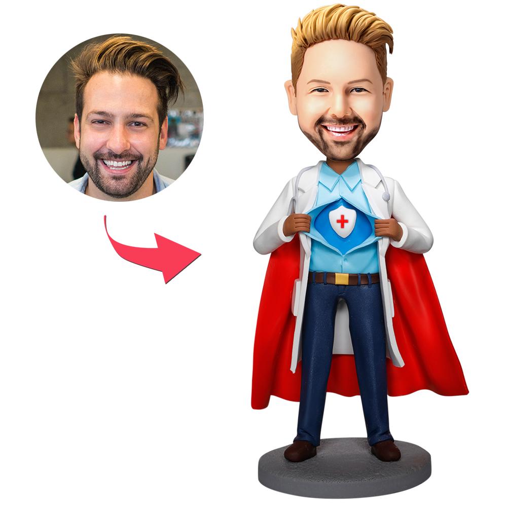 Super Doctor With Medical Shield Custom Bobblehead With Engraved Text