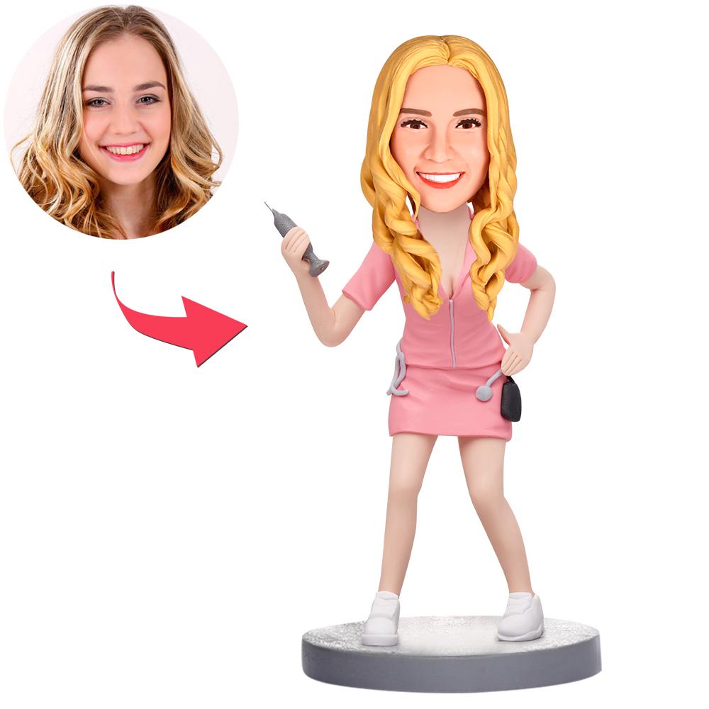 personalized nurse bobblehead in pink scrubs custom engraved figurine