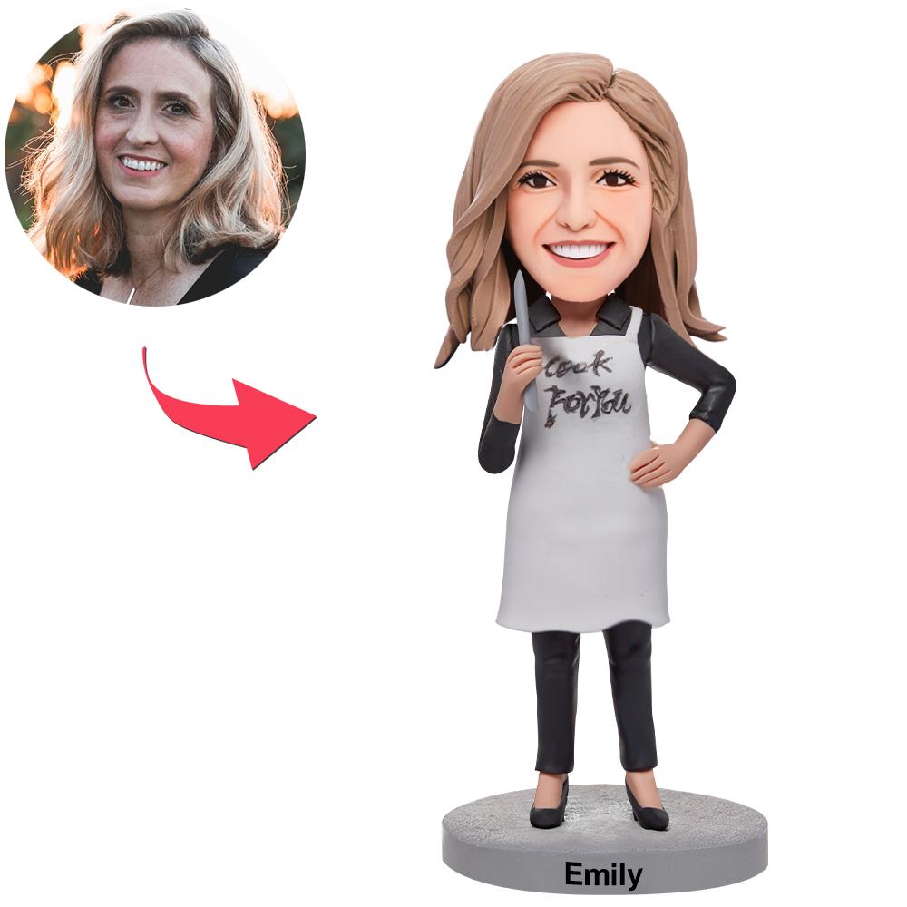 custom bobble head fun tribute someone special handcrafted desk display chef female front view