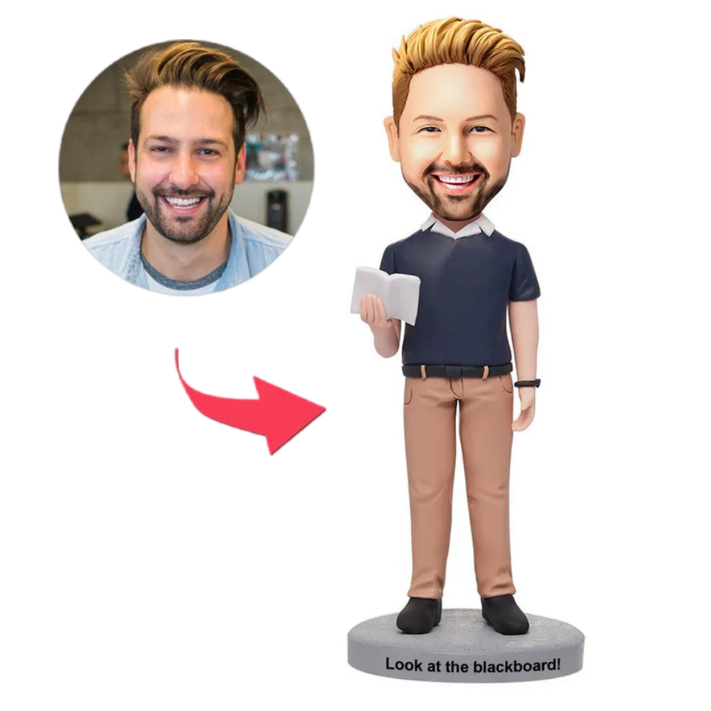 custom bobble head keepsake full character handcrafted desk display teacher male teacher front view