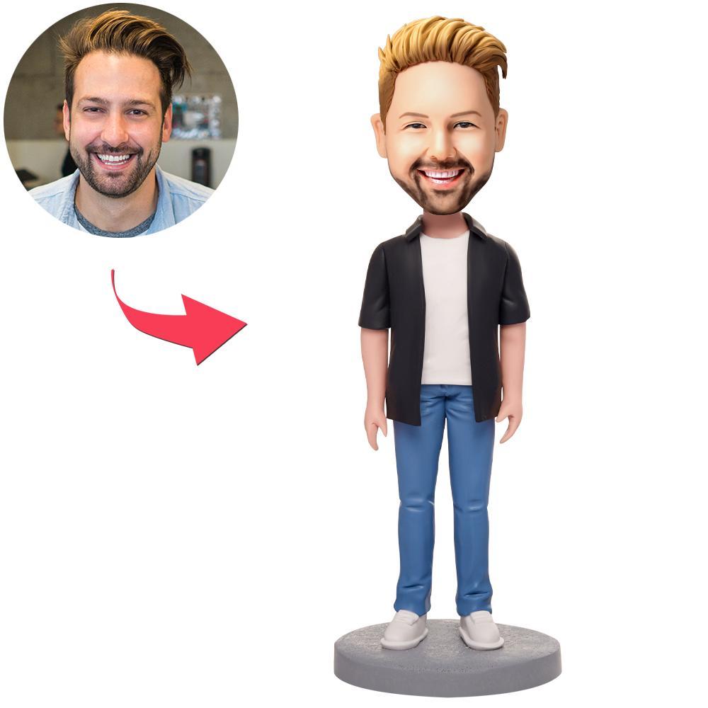 custom bobble head bring joy desk figurine character casual wear happy man front view