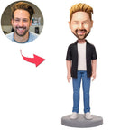 custom bobble head bring joy desk figurine character casual wear happy man front view