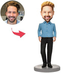 custom bobble head capture moment miniature figurine character business male wearing blue front view