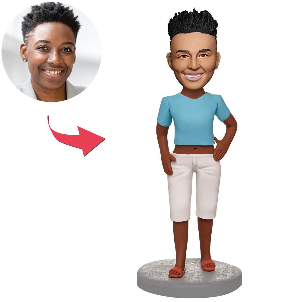 custom bobble head celebrate every smile handcrafted desk display character blue shirt front view