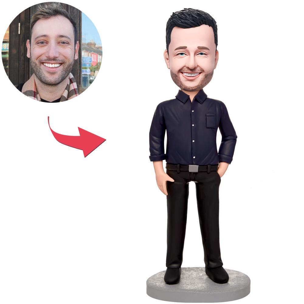 custom bobble head make memories stand tall handcrafted desk display business man front view