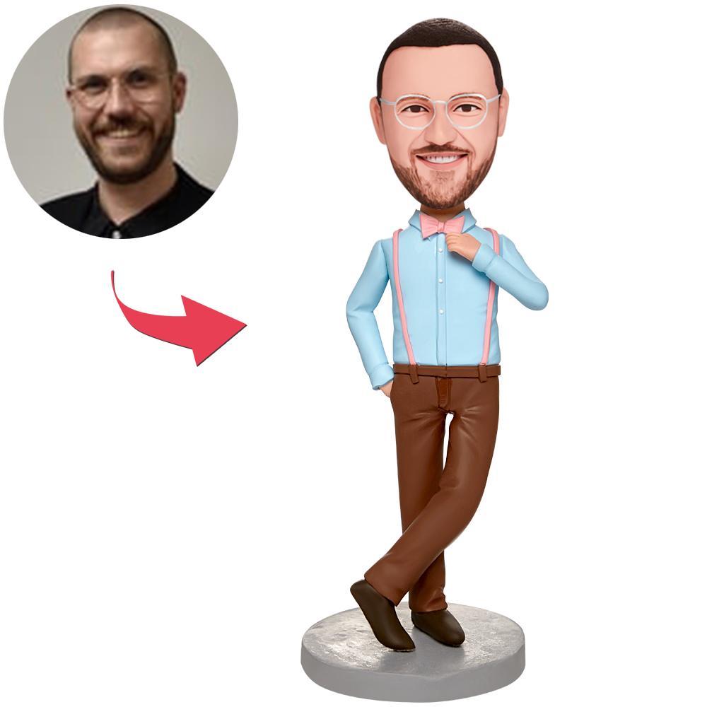 custom bobble head capture moment miniature personalized mini figure character blue clothes front view