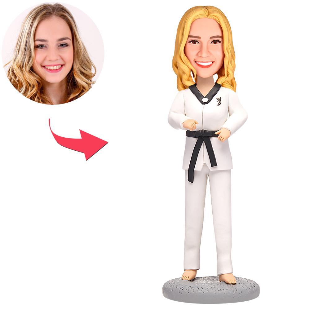 custom bobble head keepsake full character figurine character female taekwondo bobblehead engraved front view