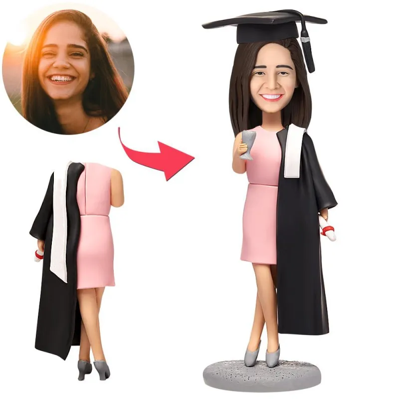 custom bobble head turn personality into art handcrafted desk display graduate female front view