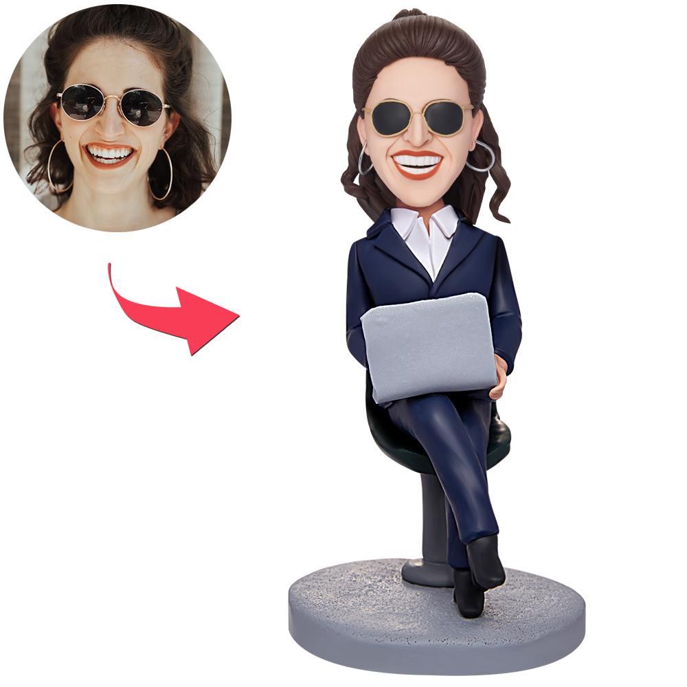 custom bobble head capture moment miniature figurine character female boss working laptopt front view