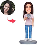 custom bobble head keepsake full character figurine character female holding megaphone bobbleheads front view