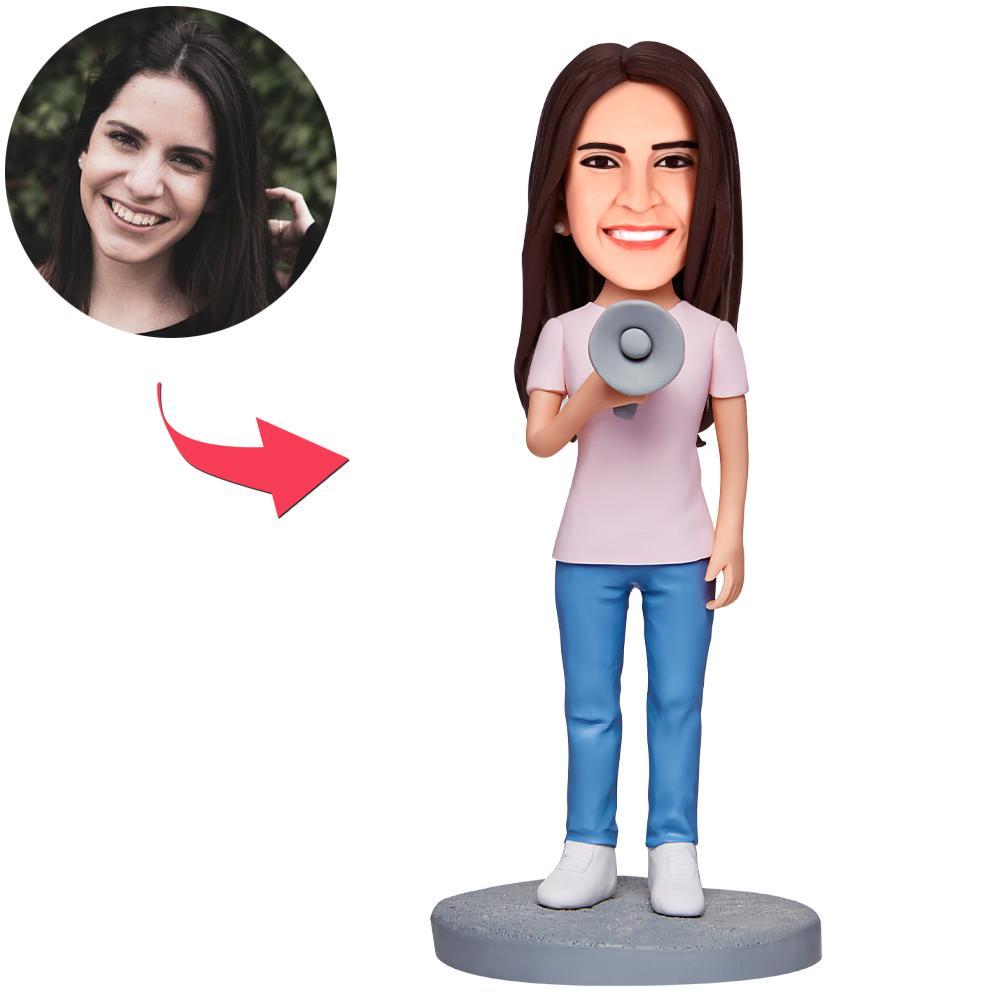 custom bobble head keepsake full character figurine character female holding megaphone bobbleheads front view