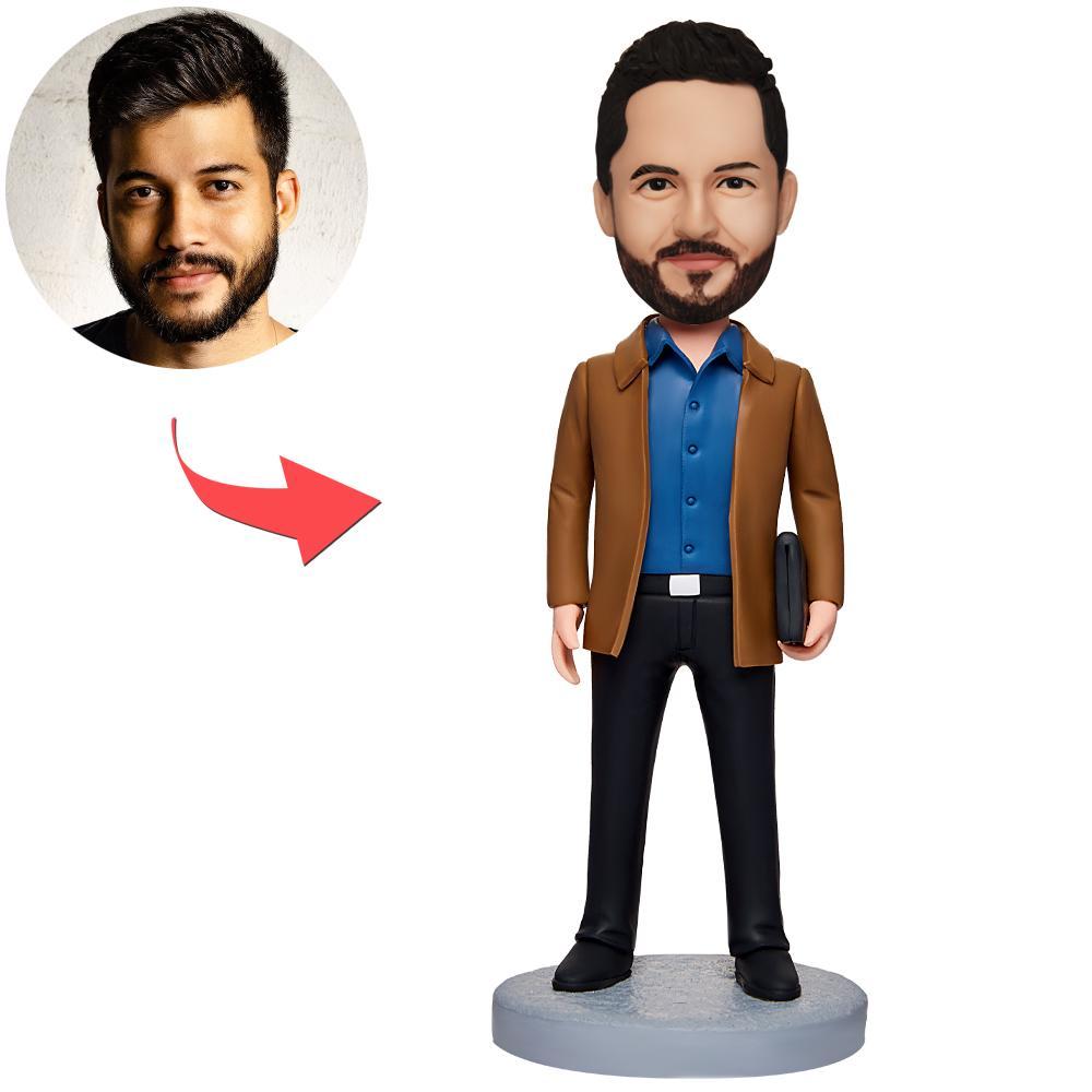 custom bobble head keepsake full character handcrafted desk display business man brown front view