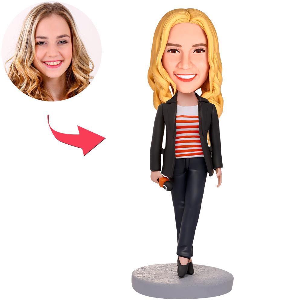 custom bobble head fun tribute someone special handcrafted desk display character female front view