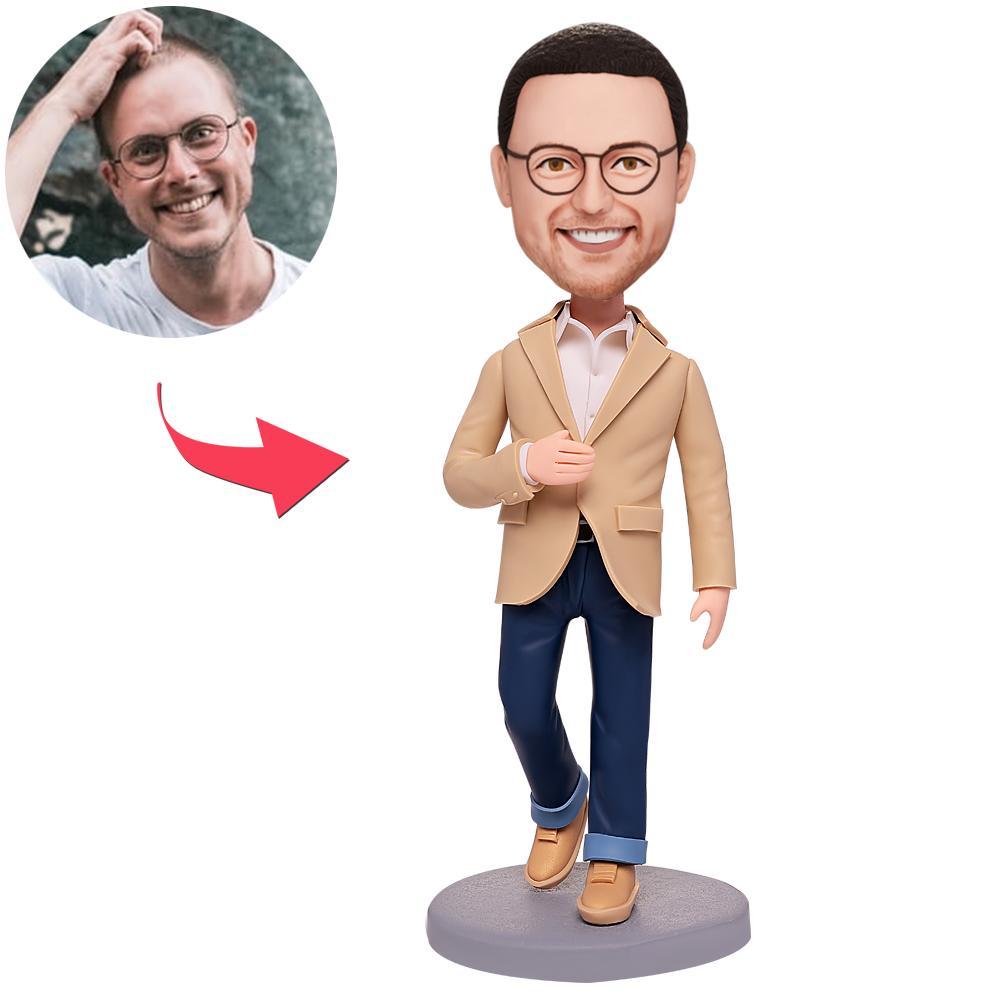 custom bobble head celebrate every smile personalized bobblehead character wear yellowish brown front view