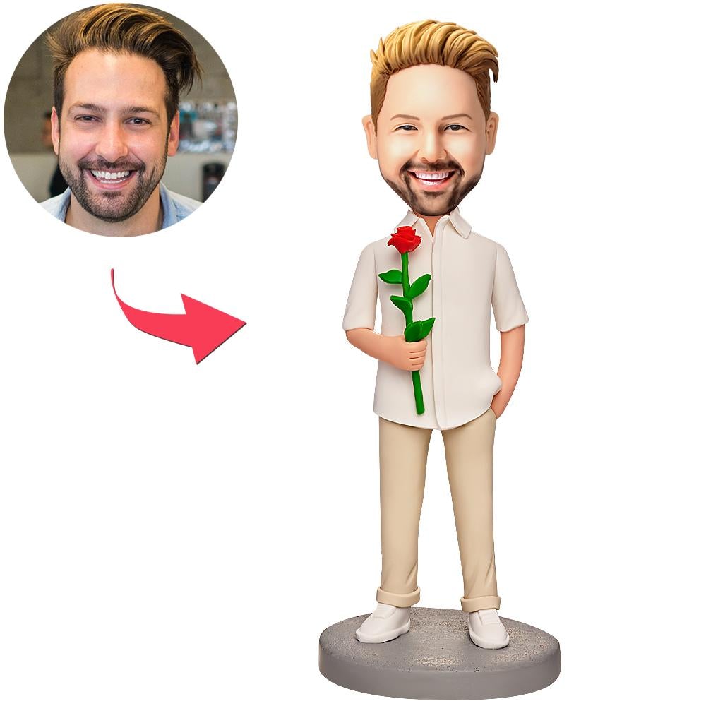 custom bobble head bring joy desk figurine character man holding rose bobbleheads front view