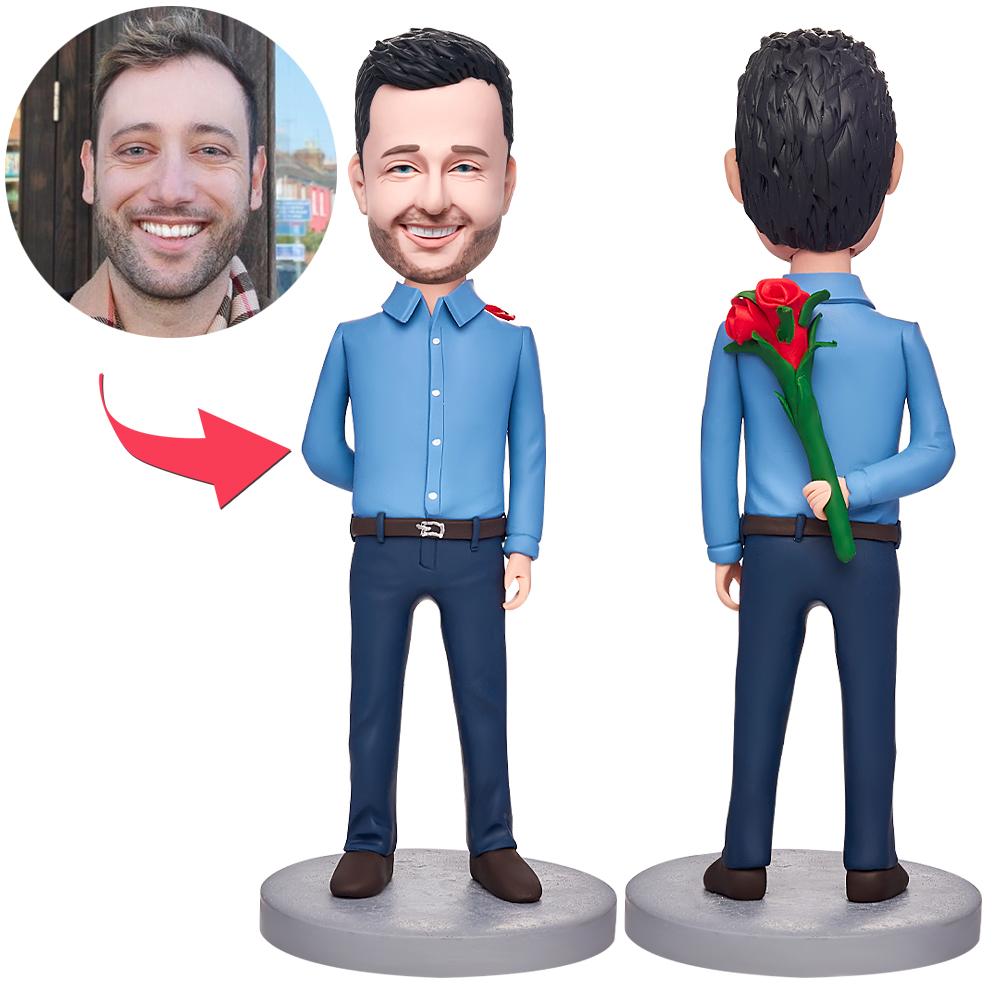 custom bobble head celebrate every smile handcrafted desk display character man rose front view