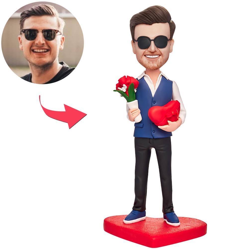 custom bobble head bring joy desk personalized bobblehead character man holding bouquet front view