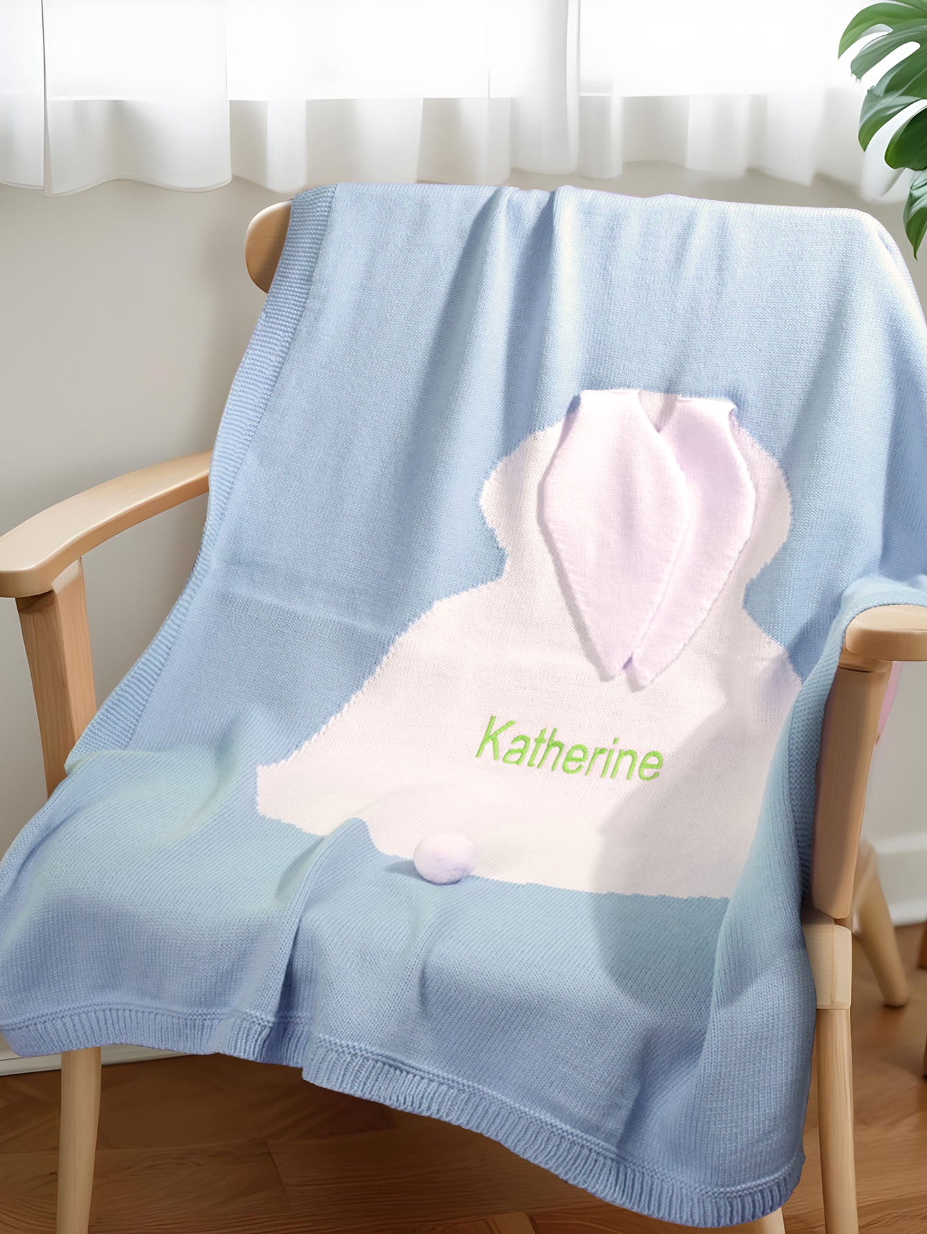 Personalized Knitted Blanket Bunny Blanket with Embroidered Name Gift for Baby