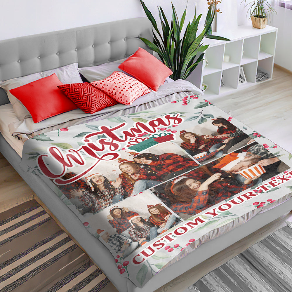 Personalized Collage Photo Christmas Flannel Blanket with Text