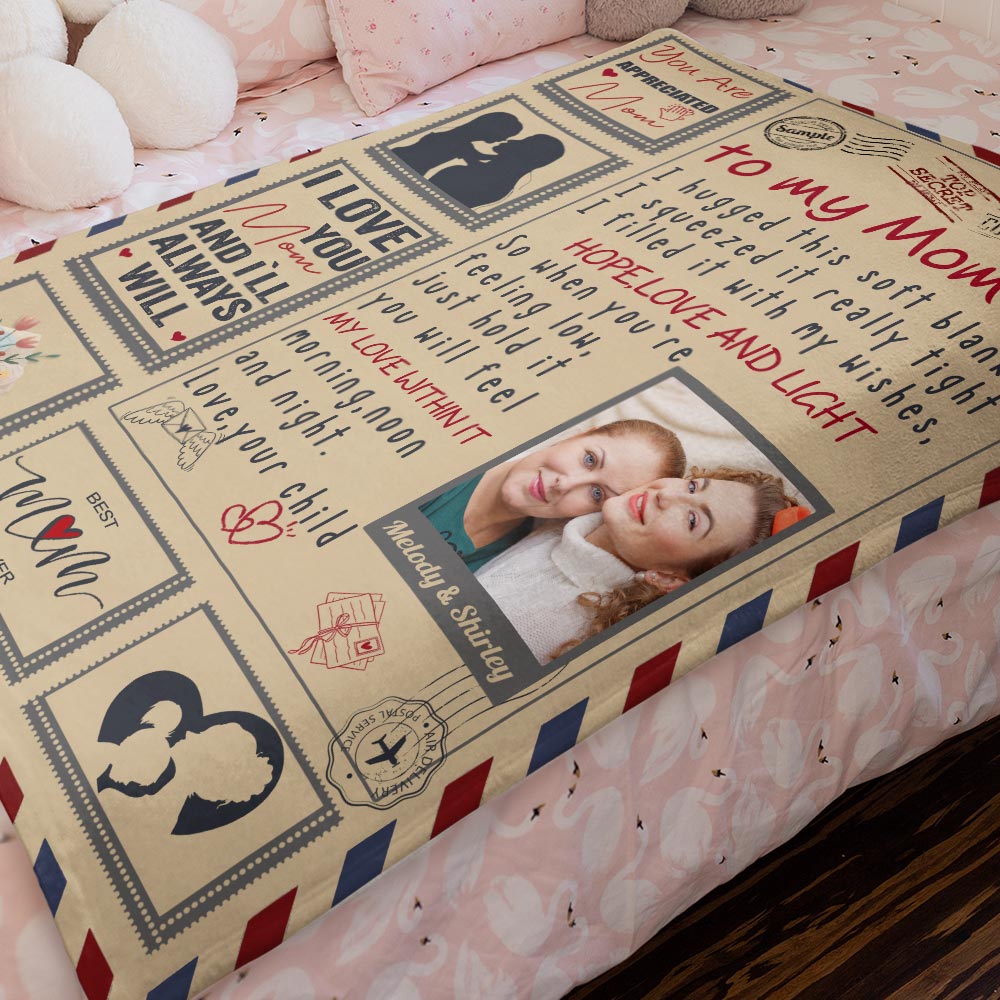 Wrapped in Family Love Mother's Day Gifts for Mom - Personalized Letter Photo Blanket with Custom Names for Cozy Cuddles & Home Decor