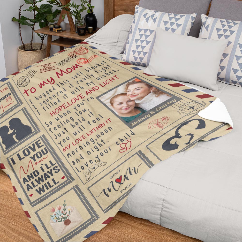 Wrapped in Family Love Mother's Day Gifts for Mom - Personalized Letter Photo Blanket with Custom Names for Cozy Cuddles & Home Decor